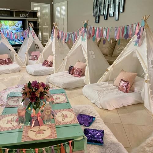 Sumbababy 4 Pack Teepee Tent for Kids Slumber Party, Sleepover Tents with Inflatable Airbeds, Foldable Indoor Play Tent Natural Canvas Washable Fabric