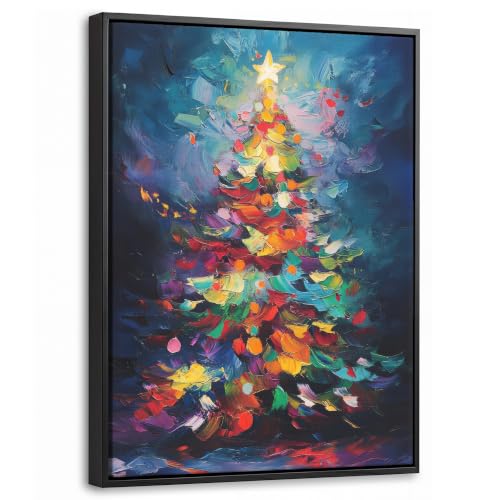 Image of OnlyWow© Framed Wooden Canvas 30x40 cm Wall Art Home Decor Paintings With Frame For Living Room Decorations Gifts Hallway Artwork Prints Christmas tree - Abstract - Colorful