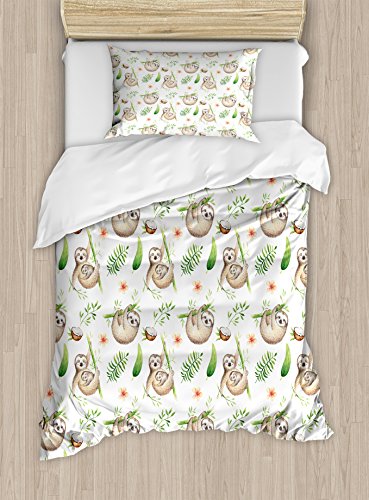 Ambesonne Sloth Duvet Cover Set, Sloth and Mother Soft Colored Flowers Coconut Tree Leaves Happy Family, Decorative 2 Piece Bedding Set with 1 Pillow Sham, Twin Size, Pale Brown Green