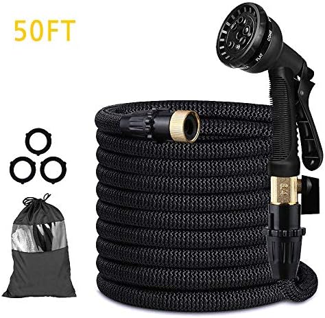 Lecone Expandable Garden Hose, 50FT Triple Layer Latex Core with Solid Brass Fittings Water Hose, Metal 8 Function Spray Nozzle for Plant Watering Car Washing Pet Shower