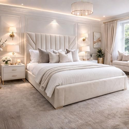 Luxury Upholstered Plush Velvet Bed Frame with Ottoman Gaslift Storage 4ft - 6ft Panel Headboard Small Double King Super King - 4ft6 Standard Double Bed with Mattress - Cream Non-Storage Slattted Base