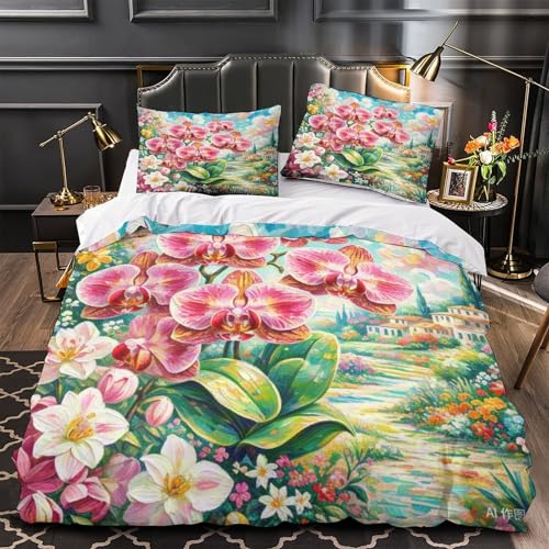 Housse de couette King imprimée 3D orchidée en tissu microfibre premium