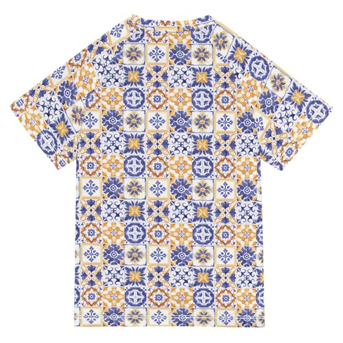ALAZA Kids Rash Guard Boys Toddler Swim Shirts Short Sleeve Blue and Orange Moroccan UPF 50+ 3T2