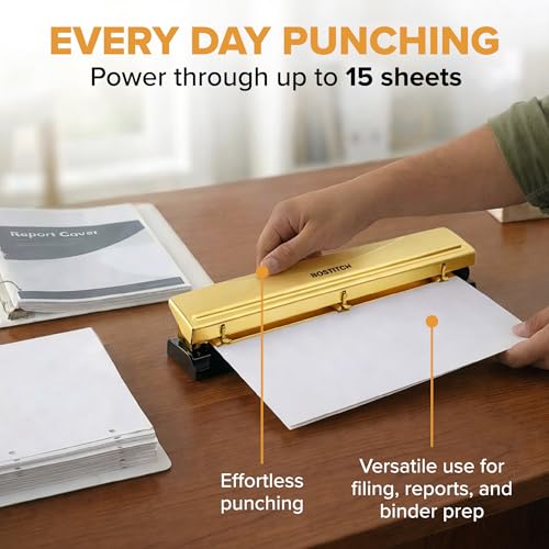Image of Bostitch 3 Hole Paper Punch, 15 Sheet Capacity, Metal Office Hole Puncher with Chip Tray, Non-Slip Base, 9 /32 inch Holes, Perfect for Binders, School, Home & Office, Gold