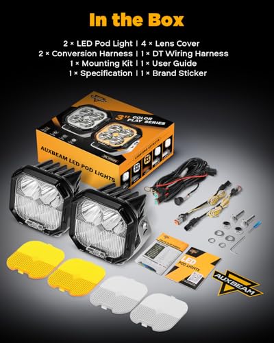 Image of Auxbeam Color Play Series 3-Inch Ditch Light Pods Spot Flood Combo 2-Pack | DRL & Turn Signal, Dual Color, Amber White Covers, 100W 11600LM, Truck Offroad Lights, Jeep Fog Lights, Multi-Function