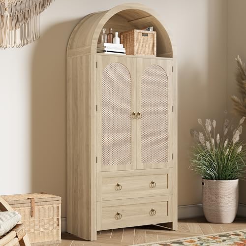 DHHU Armario Armario de ratán trenzado de 180 cm | Aparador estrecho con puerta abovedada y cajones | Mueble de almacenamiento versátil para entrada, salón y dormitorio | Estilo retro bohemio - Roble