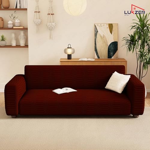 Image of Lukzer 2 Seater Pastel Deep Maroon Dotted Stripe Pattern Sofa Cover | 240 GSM Universal Stretch Fit Jacquard Fabric Couch Protector | Fully Covered Anti Slip & Washable Sofa Cover SC-132-02 /140-180cm