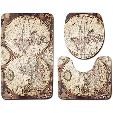 GOLOFEA 3pcs/1set Bathroom Shower 3D World Map Set, Bath Mat/Non-Slip Bathroom Rugs/Lid Toilet Cover Bathmat Sets Decor khaki-50x80cm Cover