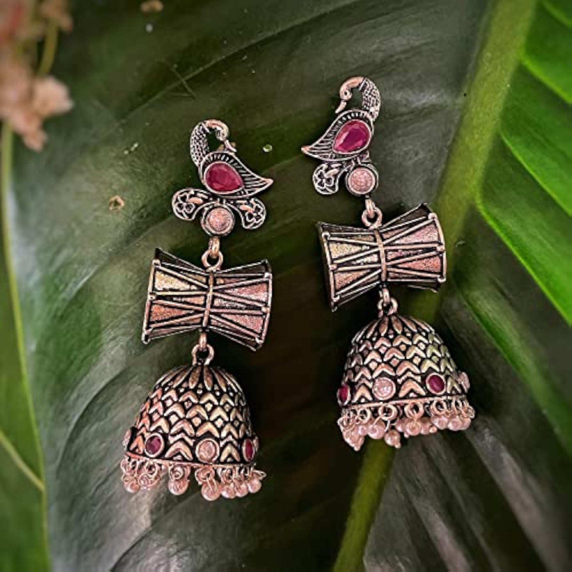 German Oxidized Silver Peacock Jhumkas with Pearls, Gift