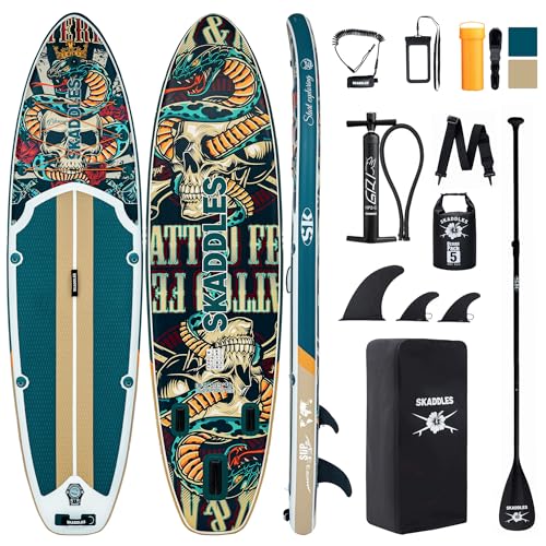 SKADDLES 10’6’’ Portable Inflatable Stand Up Paddle Board (SUP) for Adults and Youth with Non-Slip Deck – Complete Accessories Kit, Perfect for Fishing, Yoga, Fitness & Family Fun (Retro Skullz)