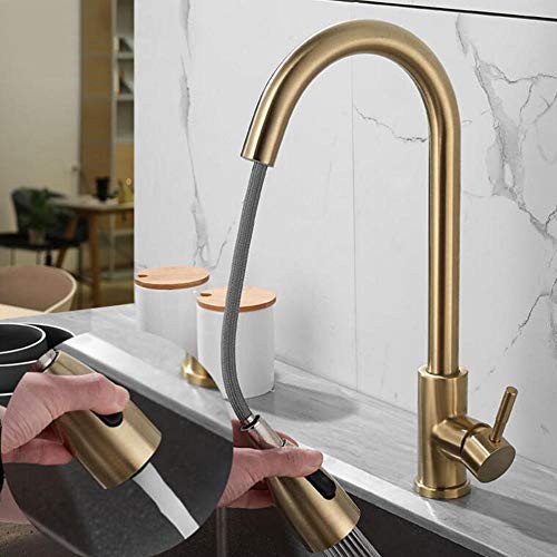Robinet de cuisine or en acier inoxydable brossé avec douchette extractible moderne - 3