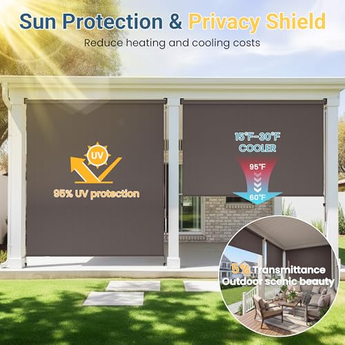 Outdoor Roller Shade, 420GSM New Material Patio Shade with 95% UV Protection, Cordless Aluminum Waterproof Blinds with Crank Handle, Sun Shades Outdoor Patio with Privacy Protection, 10'W X 8'H Brown by Wisteria Lane - Image 3