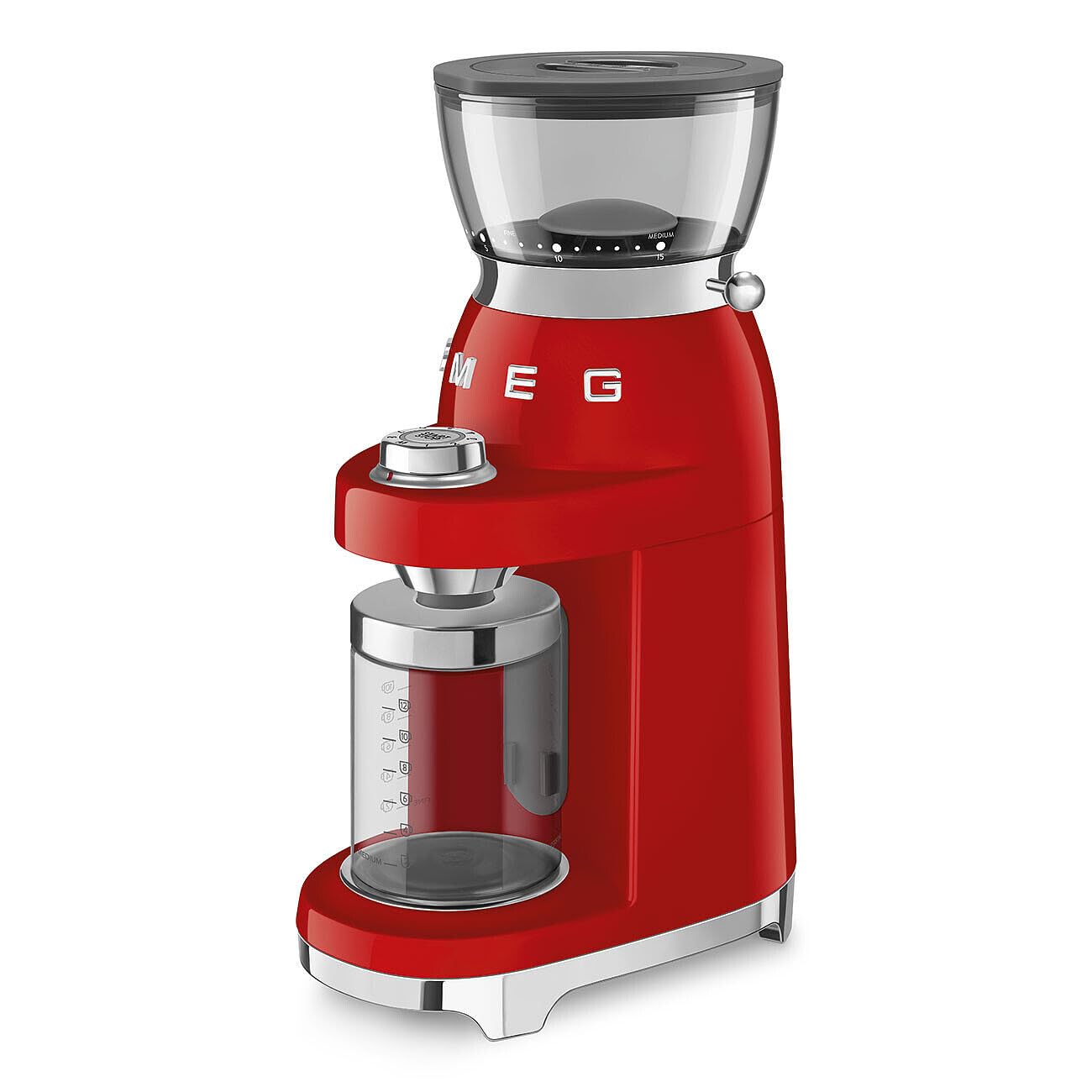 Smeg, Molinillo de café CGF03RDEU, 15 niveles de molienda, recipiente de granos de café de 240 g, molienda ajustable, con sistema antiestático, 150 W, color rojo