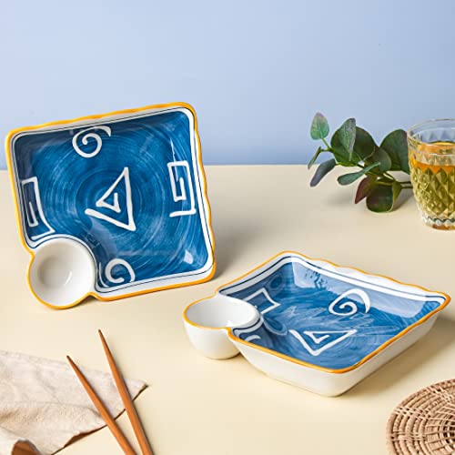 Image of Nestasia Set of 2 Ceramic Chip and Dip Snack Plate with Dip Section | Microwave & Dishwasher Safe Starter Plates | Perfect for Fries, Momos, Sushi, Kebab (White & Blue)