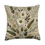 Olive Green Boho Wildflowers Retro Botanical Flowers Throw Pillow