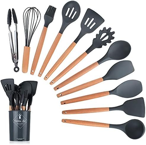 Generisch Küchenutensilien-Set Aus Silikon, Hitzebeständig, Antihaftbeschichtet, Bpa-frei, Mit Holzgriffen, 12-teiliges Set (Grey)