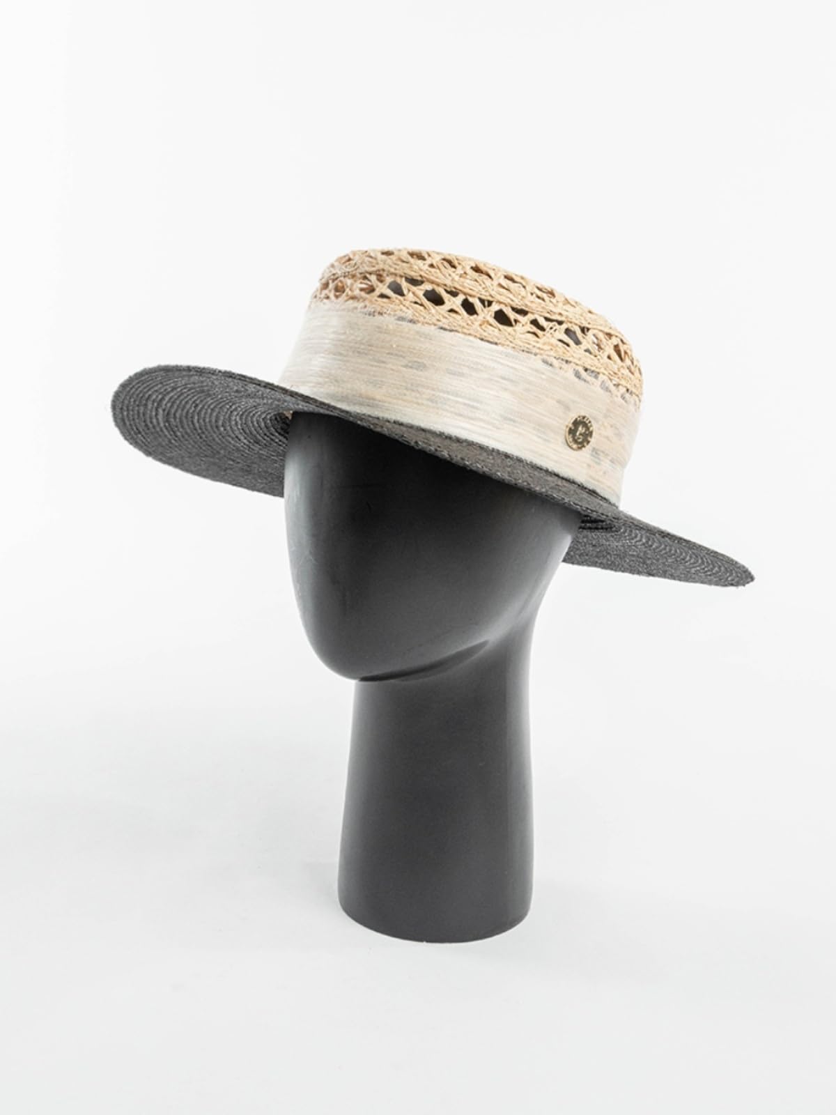 Generico Cappello da Sole in Paglia Lafite da Donna - Nastro in Lino e Logo in Metallo, Tesa Larga per Protezione UV
