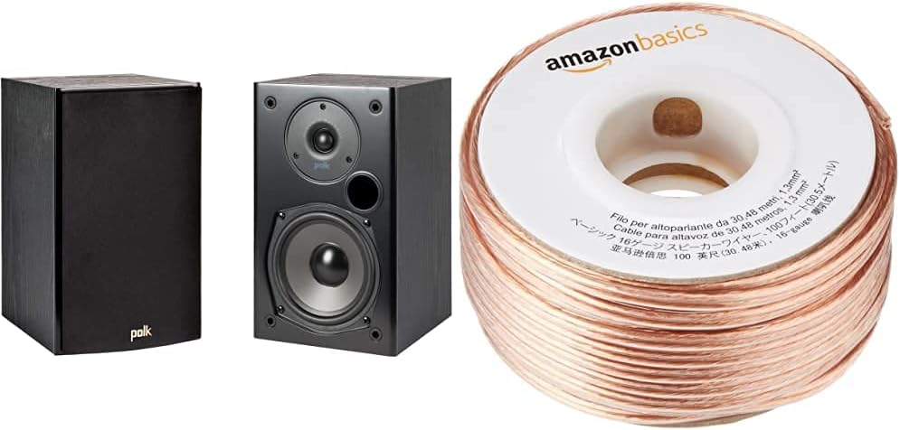 Polk Audio T15 Bookshelf Speaker (Black) and Amazon Basics 16-Gauge Speaker Wire - 100 Feet Bundle