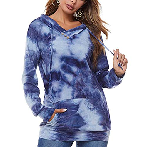 Womens Long Sleeve Tops,Womens Tie Dye Waffle Knit Long Sleeve Shirts Hooded Puff Loose Tops Sweatshirts Drawstring