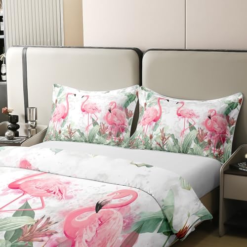 Flamingo Duvet Cover 100% Cotton Tropical Flamingo Pattern Bedding Set For Girls Women Animal Decor Tropical Palm Leaf Comforter Cover Set Bird Print Bedspread Cover Zipper King - Image 3