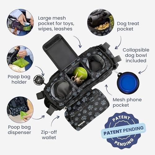 Image of Dog Stroller Caddy Organizer with Poop Bag Dispenser, Treat Pocket, Water Bowl - Dog Stroller Accessories with Insulated Cup Holders, Pet Storage & Non-Slip Fit for 14 inch-19 inch Wide Handlebars - Paws