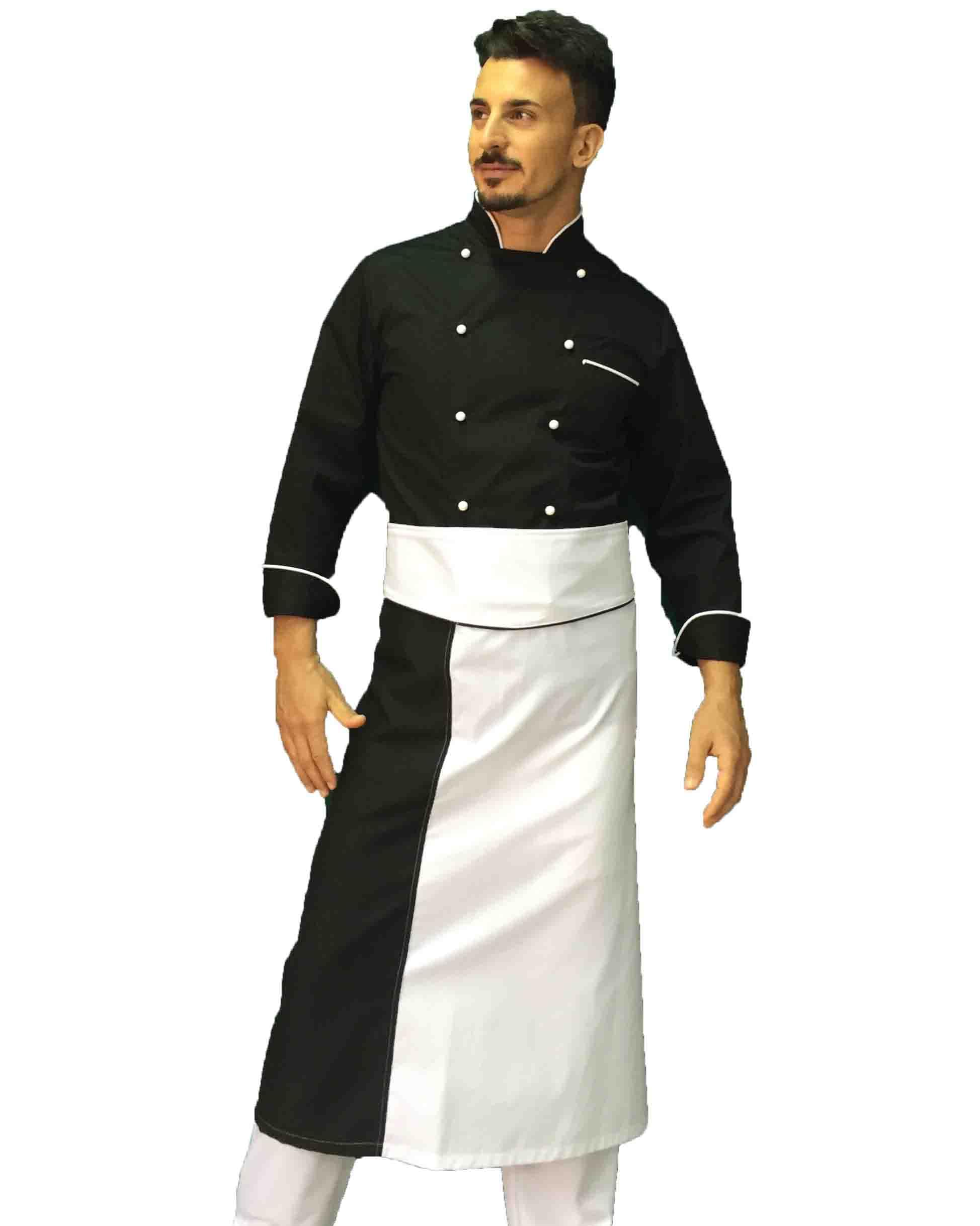 Bordado gratuito – Conjunto de cocina – uniforme para cocinero y chef – Black and White – Chaqueta, pantalón y delantal – Fabricado en Italia