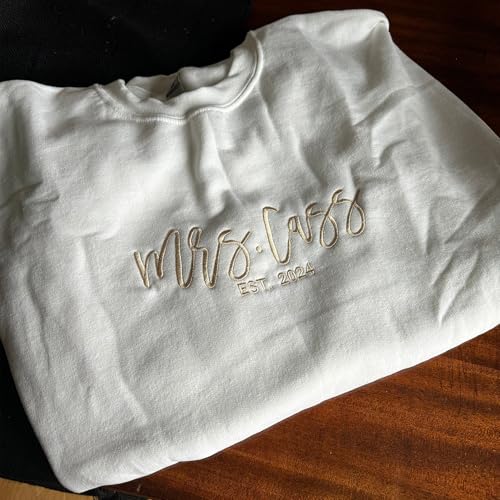 Personalized Embroidered Mrs. Hoodie, Perfect for brides and newlyweds, this custom Mrs. sweatshirt allows you to add your new last name and wedding date. Ideal for honeymoons, bachelorette parties.3