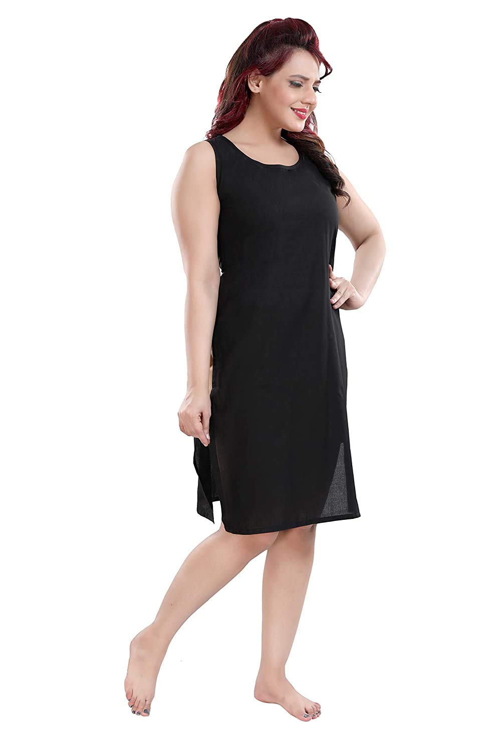 Heda Women's Cotton Camisole Slip, Knee Length (Black)