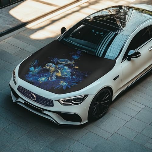 Image of Car Hood Cover Protector,Snowproof Waterproof Comfortable Print Polyester Hood Covers for Cars,Decoration Universal Car Accessories Blue Turtle