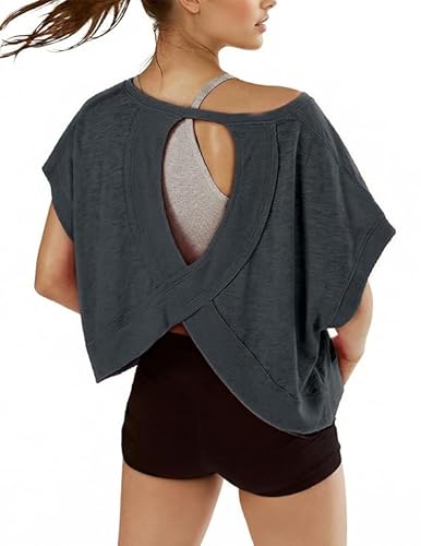 denking Women Open Back Workout Tops 100% Cotton Short Sleeve Tops Casual Yoga Athletic Gym Running Crop Cute Oversize Tees(Dark Grey L)