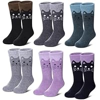 LANLEO Kids Wool Socks For Toddlers Boys Girls Hiking Winter Warm Cozy Thick Heavy Thermal Crew Boot Socks 6 Pairs Cat,4-7 Year Old