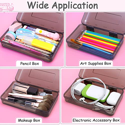 Image of Sooez 1 Pack Clear Pencil Box, Plastic Hard Pencil Case with Stickers, Large Crayon Box with Snap-tight Lid, Stackable Storage Art Craft Marker Organizer Boxes for Kids Boys Back to School, Gray