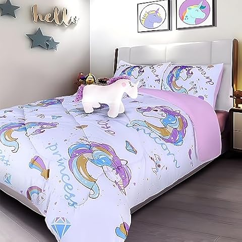 Golden Linens LLC Full Size 8Pc Kids Bed in Bag Set Comforter, with Sheet Set & Cushion Teens Girls White Violet Purple Rainbow Princess Unicorn #19-08 F 8pc Cover