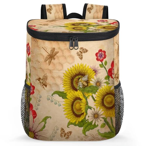 CNNINGYI Large Waterproof Insulated Cooler Backpack for Men Women, Bees Leak Proof Cooler Backpack for Camping, Picnic Travel Outdoor, Honeybee Sunflower