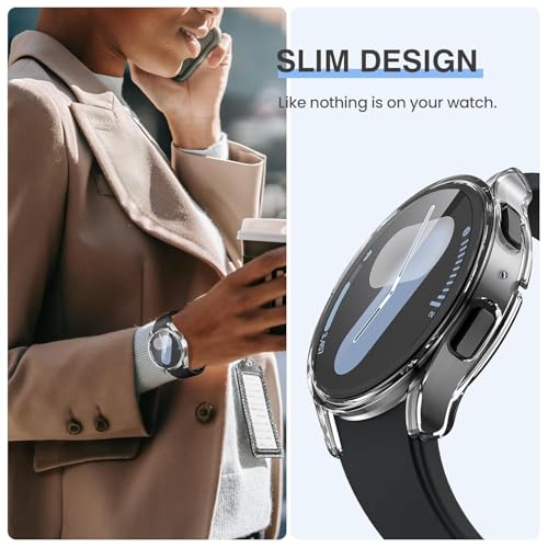 Image of Hard PC Case compatible with Samsung Galaxy Watch 4 /5 /6 44mm withTempered Glass Screen Protector, 9H Hardness, Full Coverage, [HARD CASE] [Pack of 1] (Clear, Samsung Galaxy Watch 4 /5 /6 44mm)