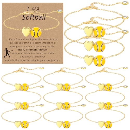 Tondiamo 12 Sets Baseball Volleyball Softball Soccer Tennis Bracelet for Women Dainty Gold Plated Heart Bracelets Sport Lovers Gifts with Inspirational Cards Sports Jewelry Gifts(Softball)