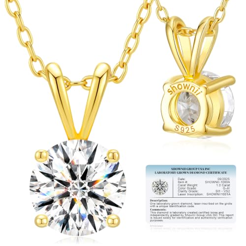 shownii Diamond Necklace Certified LAB GROWN 1CT Round Diamond Necklaces for Women 14K Gold Plated Sterling Silver 4 Prong Solitaire Pendant Jewelry (G-H Color SI1-VS2 Clarity)