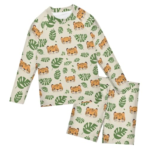 Cute Tiger Boys Rash Guard Swimsuits Set for Boys Long Sleeve Swim Shirts Bathing Suits with Trunks B0404236