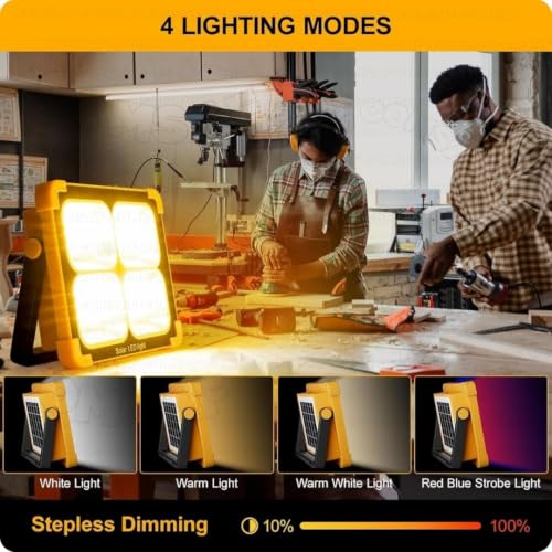 Image of 100W LED Construction Work Light, 10000LM Portable Rechargeable Spotlight with 12000mAh Battery, Solar & USB Rechargeable Flood Light, 4 Lighting Modes, IP66 Emergency Camping Light for Garage,Outdoor