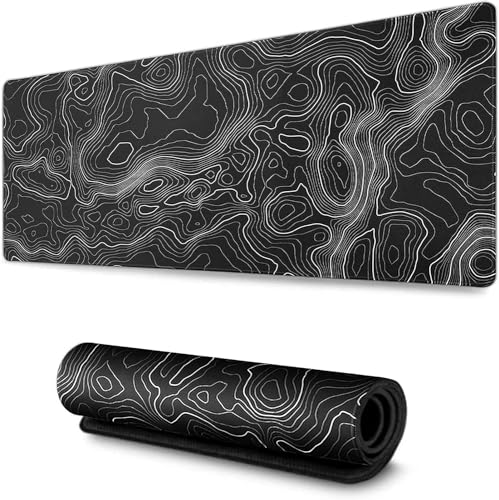 AQQA Large Mouse Pad Mat (35x17 in) Extended XXXL Gaming Mouse Pad with Non-Slip Rubber Base Background Topographic Map Lines Contour Geographic for Gaming Office Laptop Computer Men Women Black