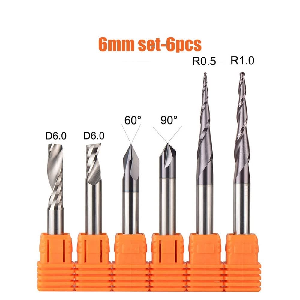 Brocas De Grabado Carburo Sólido CNC, Juego Fresado for Carpintería, Enrutador Vástago 6mm Y 6,35mm, 8 Uds(6mm Set-6pcs)