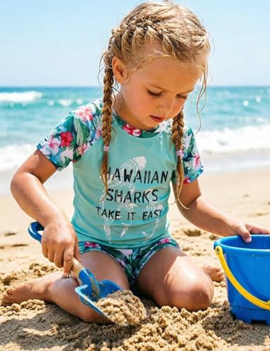 Image of PHIBEE Girls' Short Sleeve Rash Guard Set UPF 50+ Sun Protection Two-Piece Swimwear