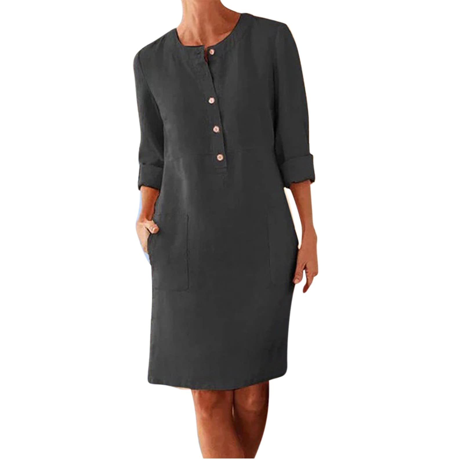 SMIDOWWomen's Cotton Linen Dress Summer Midi Dresses with Pockets Business Dress 3/4 Sleeve Button Up Shirt Dress