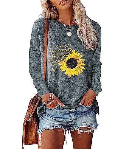 Women's Fall Sunflower T Shirt Cute Graphic Tees Casual Loose Long Sleeve Crew Neck Tunic Tops