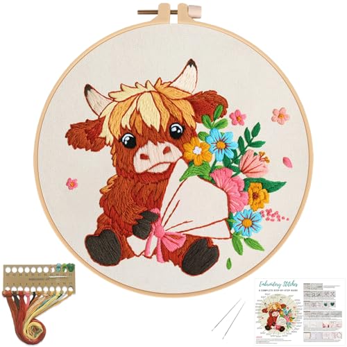 Image of Nuberlic Highland Cow Embroidery Kits for Beginners with Flowers Pattern, DIY Cross Stitch Starter Kits for Adults Including Cloth with Pattern, Hoop, Needles Instruction and Threads