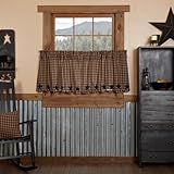 VHC Brands Star Cotton Primitive Kitchen Curtains Rod Pocket Appliqued 24x36 Tier Pair, Navy Blue