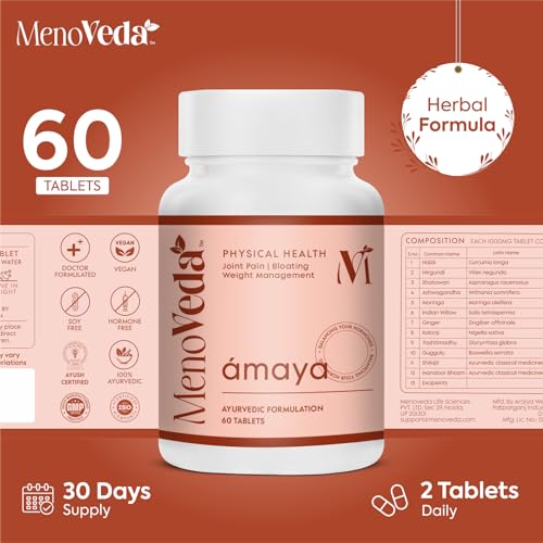 Image of Menoveda Amaya Peri & Post Menopause Supplement for Women 35+ | Ayurvedic Tablets to Support - Joint Pain, Fatigue, Bloating | Bone, Heart & Gut Health | Shatavari, Ashwagandha, Moringa