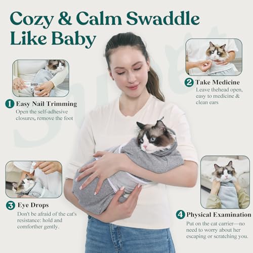 Image of Supet Cat Grooming Wrap for Cutting Nails, Self-Adhesive Calm Cat Swaddle | Bite-Proof Mesh Hood & Thick Waist Strap Anti-Escape Anti-Scratch Bag for Nail Trimming, Medication, Ear Cleaning (Grey M)
