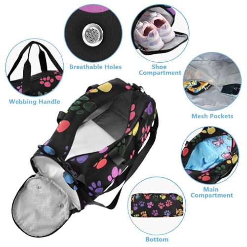 Kids Sports Duffel Bag for Boys & Girls - Colorful Dog Animal Paw Prints 100% Polyester Gym Bag with Separate Shoe Compartment, Adjustable Shoulder Strap, Compact Travel & Workout Gear Bag4