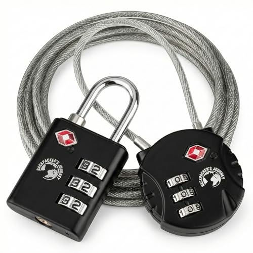 Backpacker's Journey TSA Gepäckschlösser Set.Ideal für Backpacking, Rucksack, Koffer und Taschen jeder ART. Mit Metallband für vielfältigen Einsatz